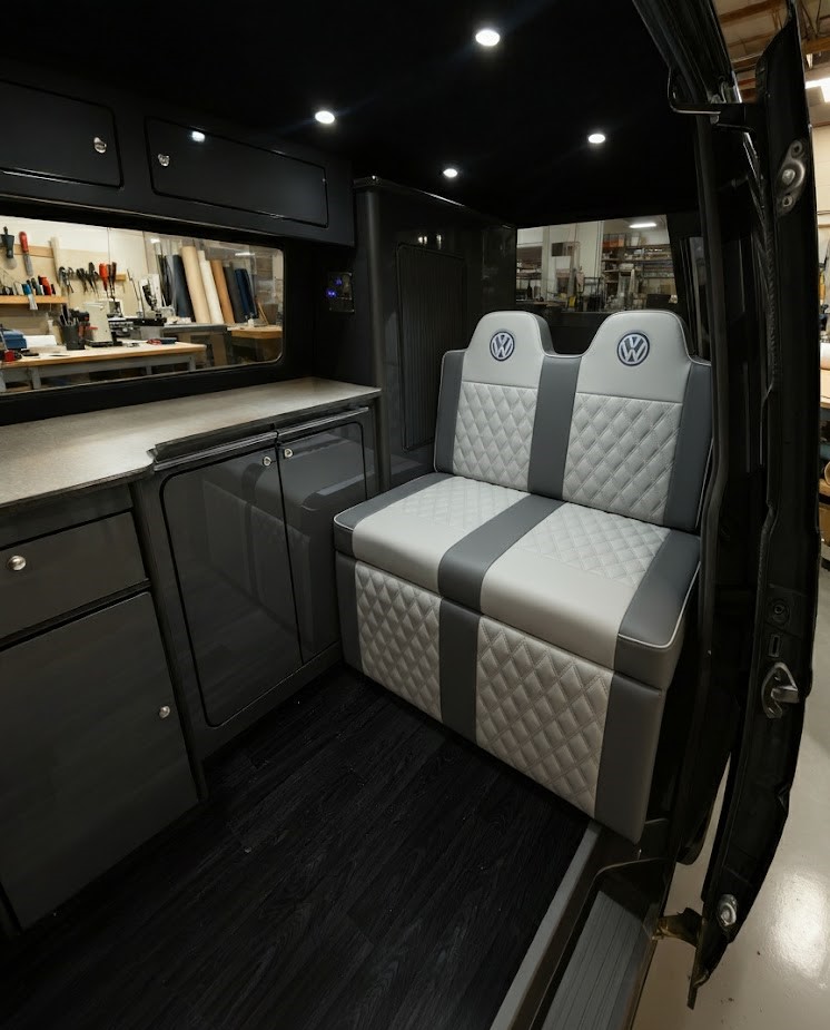 Rock n roll bed with VW logo with two tone grey Bentley stitch and VW bolsters Blue Note Upholstery